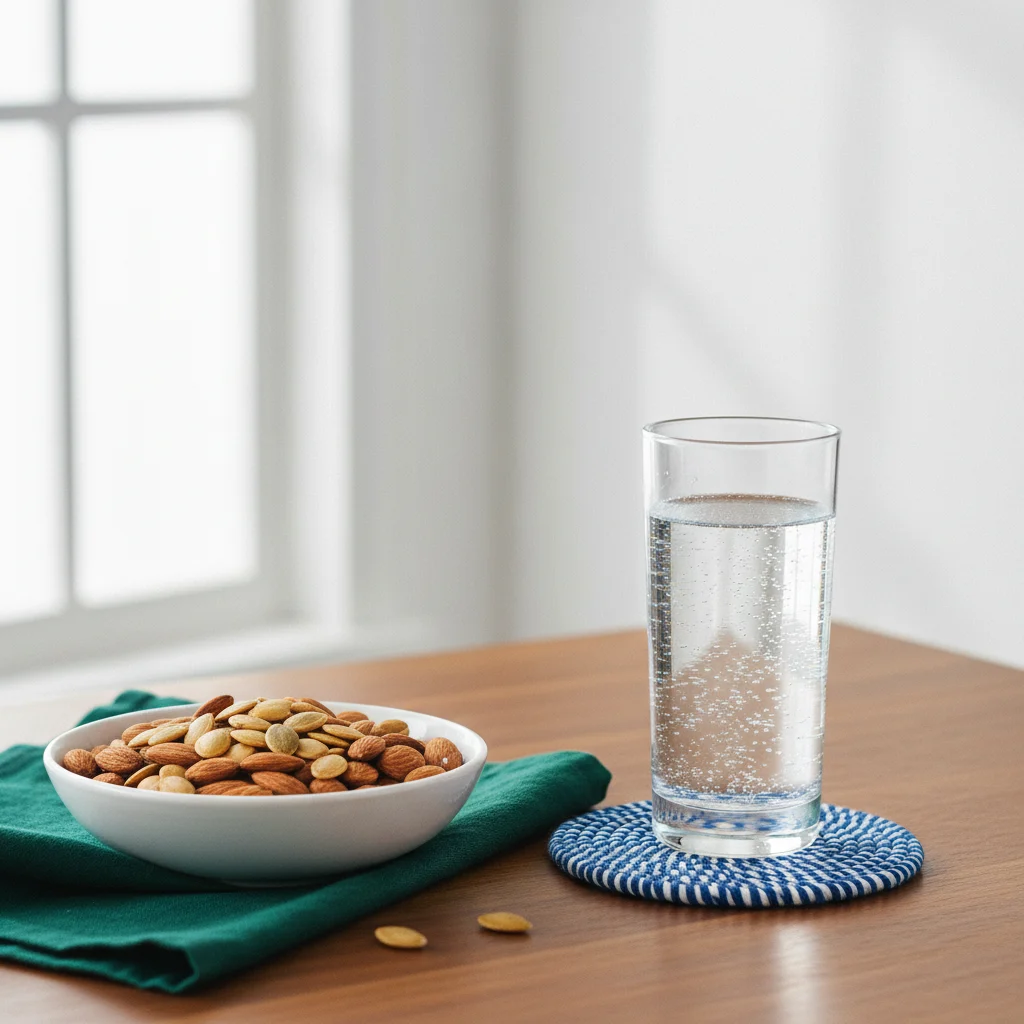 Amandelen en pompoenpitten in keramische schaaltjes naast een glas water op een houten tafel