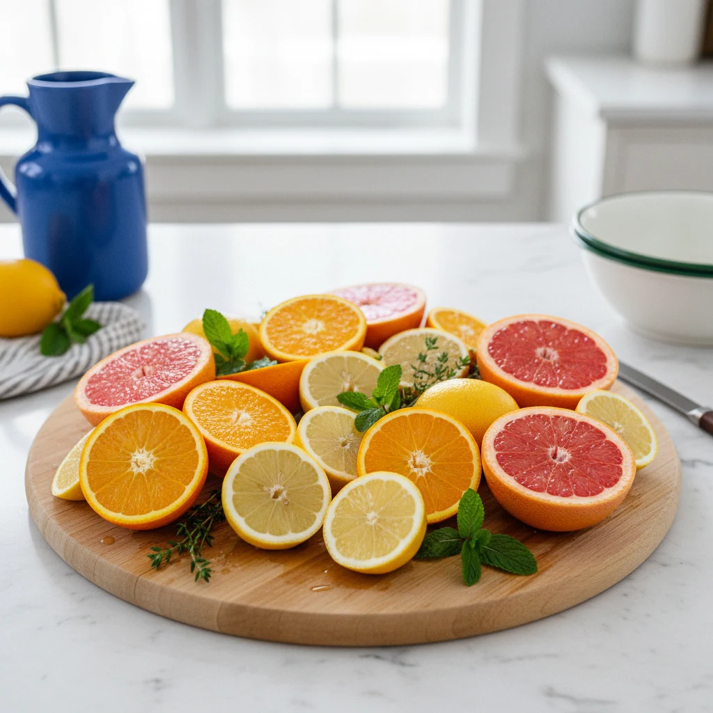 Verse citrusvruchten en kruiden op een lichte houten snijplank in een zonnige keuken